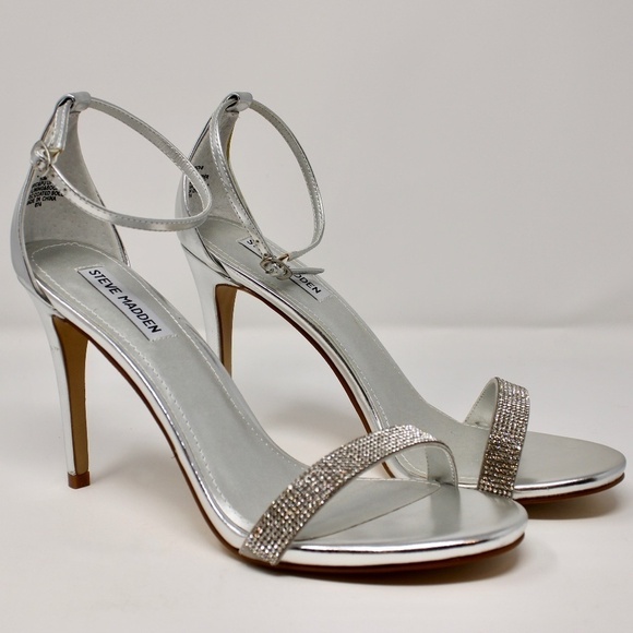 *NEW* Steve Madden Stecy-S Stiletto Ankle Strap Heels Women's Size 10 in Silver - Picture 1 of 16